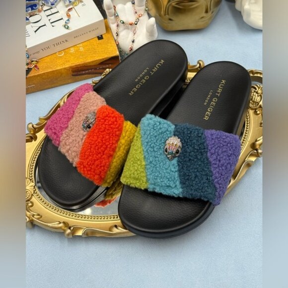 🆕 KURT GEIGER LONDON 🧿 NWOB Meena Teddy Slide, Rainbow Sherpa - Sz 38.5 US 8 - Picture 9 of 13